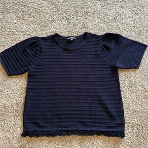 Adrianna Papell Navy Short Sleeve Sweater with Fringe Bottom large brand new